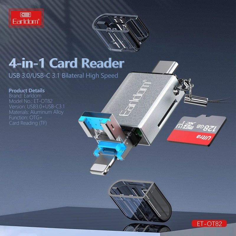 Earldom OT82 4-in-1 High-Speed Card Reader – USB, Lightning & Type-C