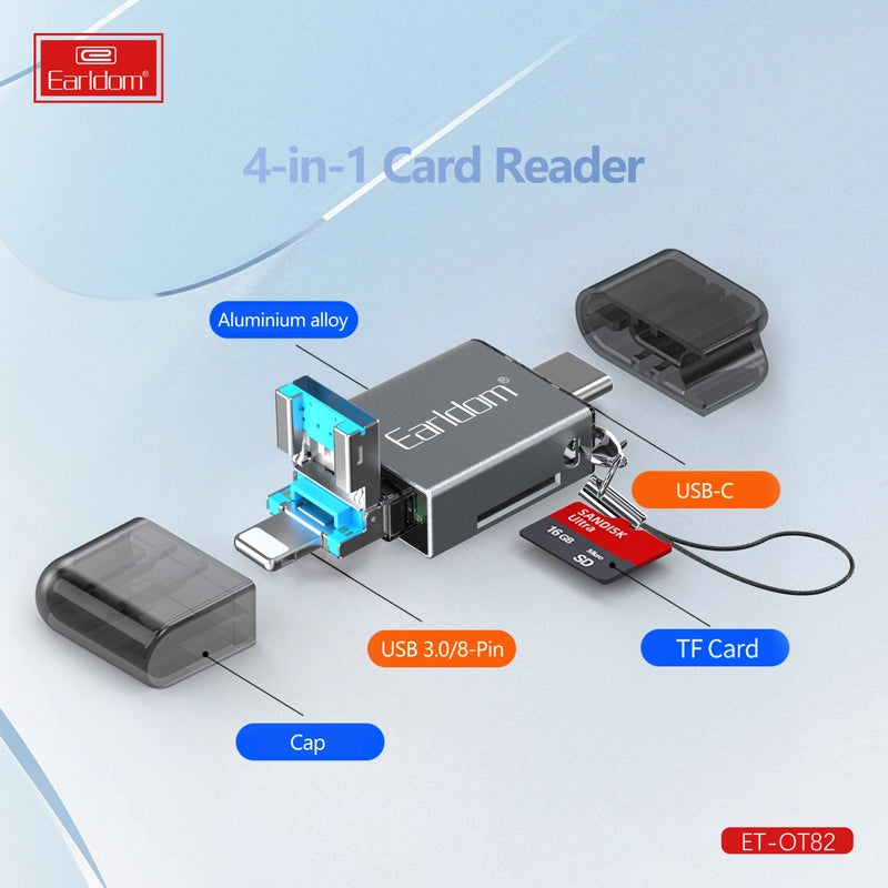 Earldom OT82 4-in-1 High-Speed Card Reader – USB, Lightning & Type-C