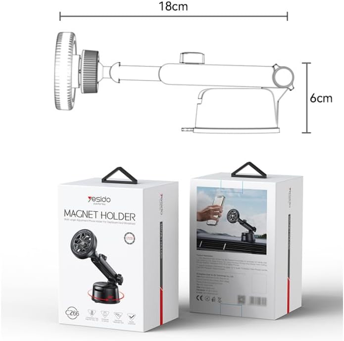 Magnetic Phone Holder for Cars, 360 Degree Rotation Car Dashboard Ring-Shaped N52 Magnetic Phone Holder for Cars  Telescopic Clamp Arm  4-in-1 Portable Design