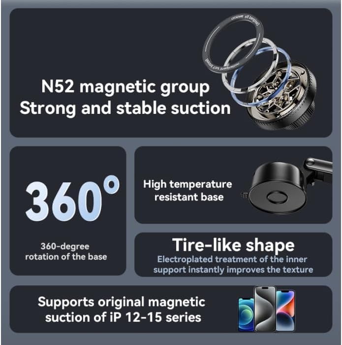 Magnetic Phone Holder for Cars, 360 Degree Rotation Car Dashboard Ring-Shaped N52 Magnetic Phone Holder for Cars  Telescopic Clamp Arm  4-in-1 Portable Design