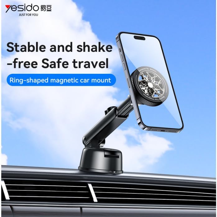 Magnetic Phone Holder for Cars, 360 Degree Rotation Car Dashboard Ring-Shaped N52 Magnetic Phone Holder for Cars  Telescopic Clamp Arm  4-in-1 Portable Design