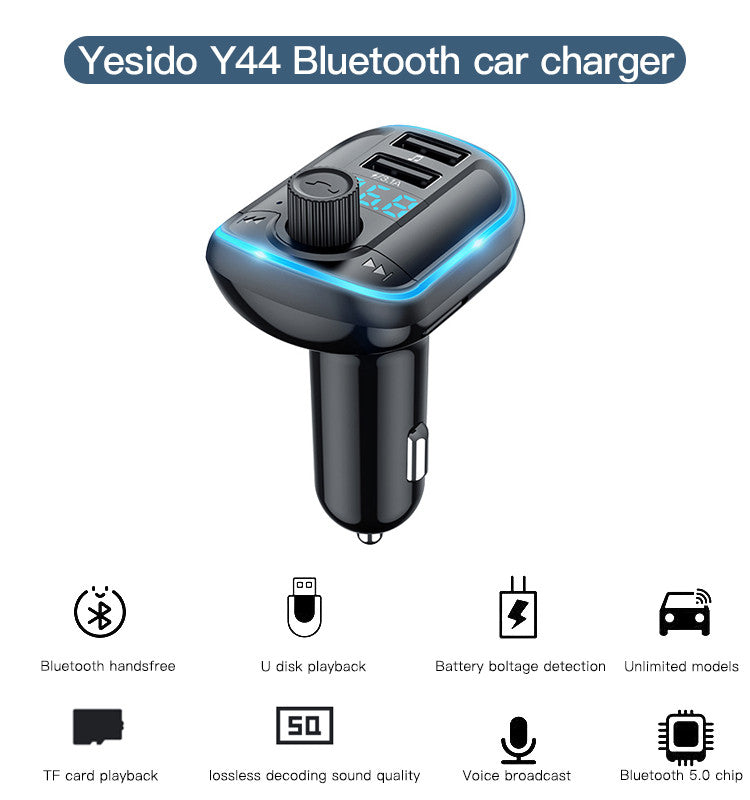 Yesido Y44 Bluetooth FM Transmitter, Car Charger with Dual USB Ports, 20W Fast Charging, MP3 Player with U-Disk/TF Card Support, LED Display, Black