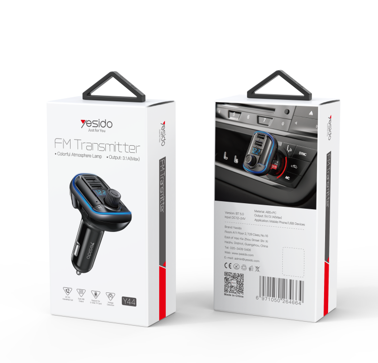 Yesido Y44 Bluetooth FM Transmitter, Car Charger with Dual USB Ports, 20W Fast Charging, MP3 Player with U-Disk/TF Card Support, LED Display, Black