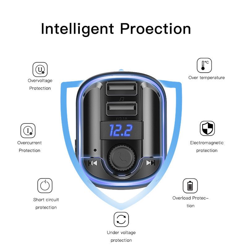 Yesido Y44 Bluetooth FM Transmitter, Car Charger with Dual USB Ports, 20W Fast Charging, MP3 Player with U-Disk/TF Card Support, LED Display, Black