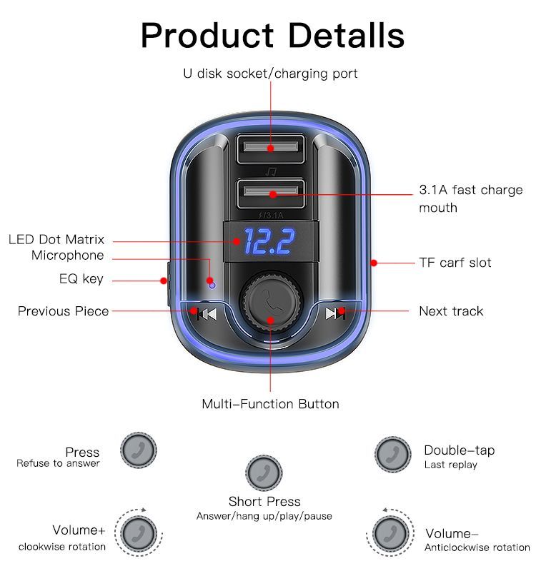 Yesido Y44 Bluetooth FM Transmitter, Car Charger with Dual USB Ports, 20W Fast Charging, MP3 Player with U-Disk/TF Card Support, LED Display, Black