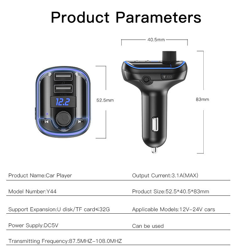 Yesido Y44 Bluetooth FM Transmitter, Car Charger with Dual USB Ports, 20W Fast Charging, MP3 Player with U-Disk/TF Card Support, LED Display, Black