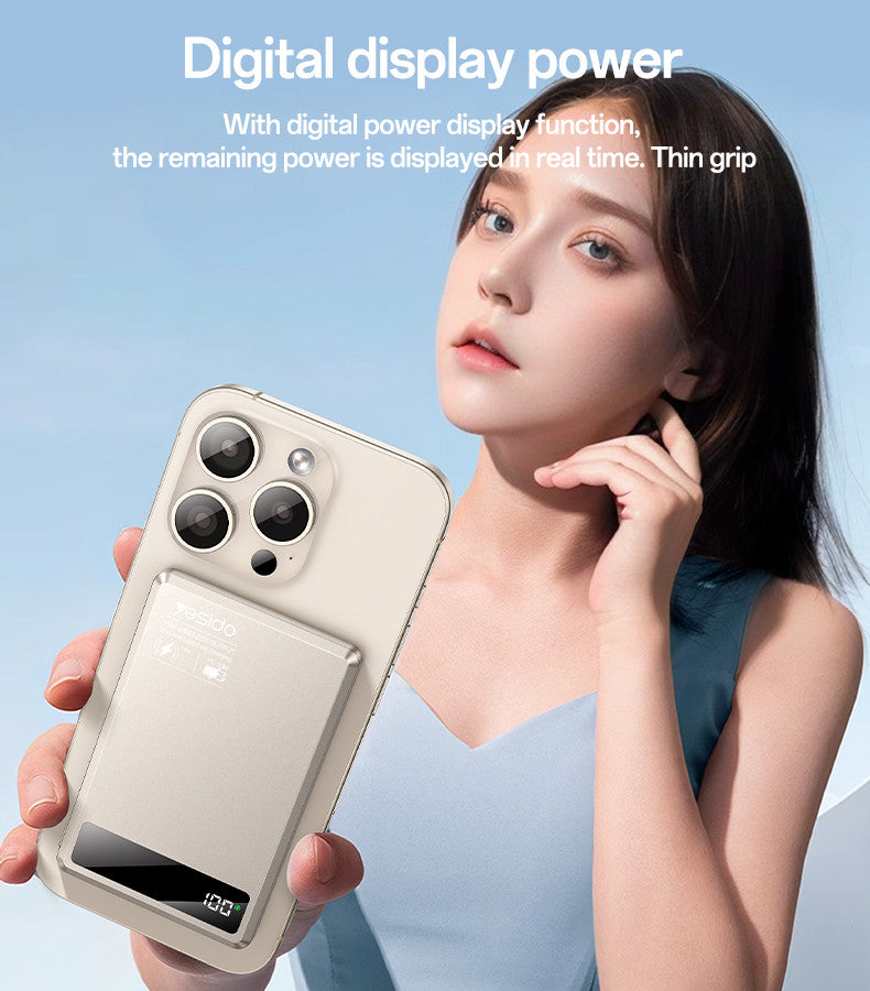 YP66 5000mAh 15W Wireless Fast Charging Digital Display Power Aluminum Alloy Magnetic Power Bank