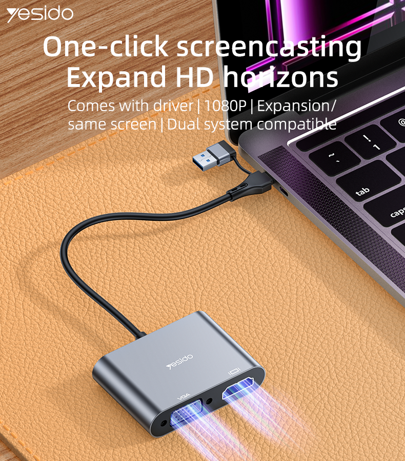 Yesido HM15 Ultra-Low Latency USB/Type-C to HDMI/VGA Laptop Screen Splitter