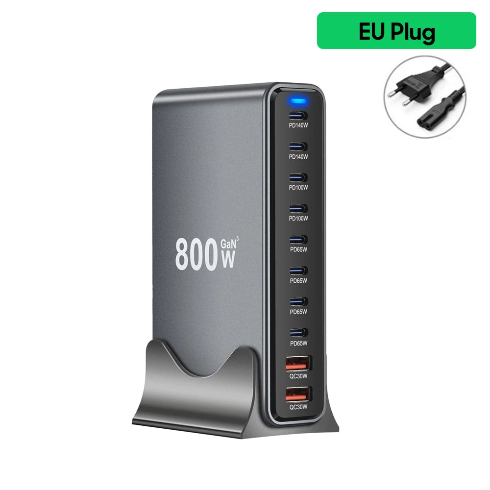 800W Gan Charger USB C Fast Desktop 10-Port USB Type C PD3.1 Charger Fast Charging for Iphone 16 15 14 Samsung S24 Xiaomi Laptop