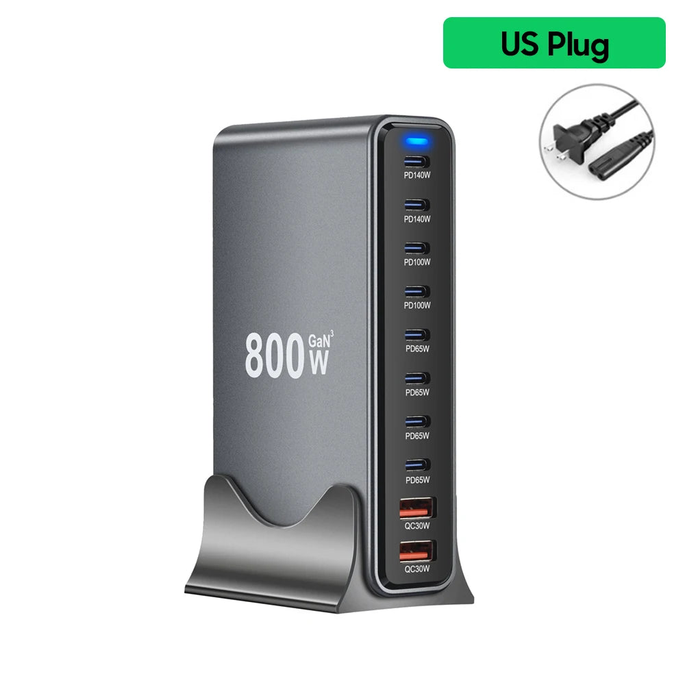 800W Gan Charger USB C Fast Desktop 10-Port USB Type C PD3.1 Charger Fast Charging for Iphone 16 15 14 Samsung S24 Xiaomi Laptop
