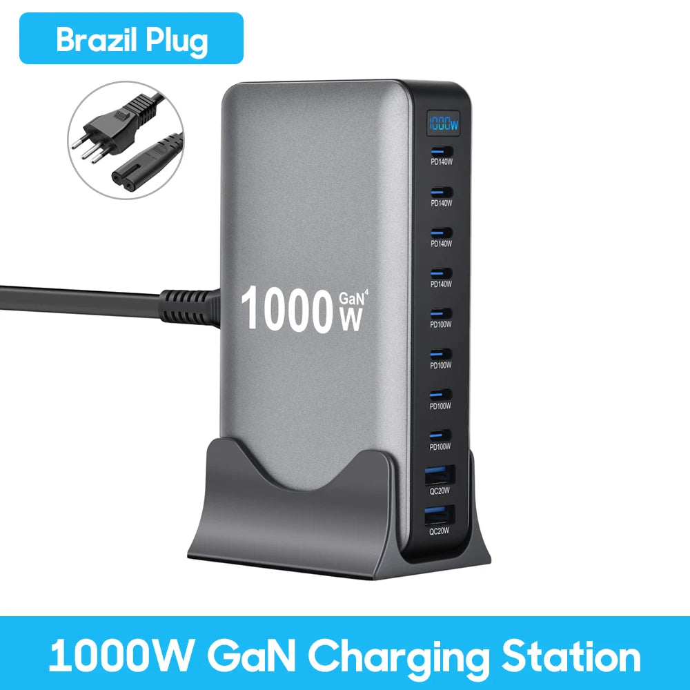 800W Gan Charger USB C Fast Desktop 10-Port USB Type C PD3.1 Charger Fast Charging for Iphone 16 15 14 Samsung S24 Xiaomi Laptop
