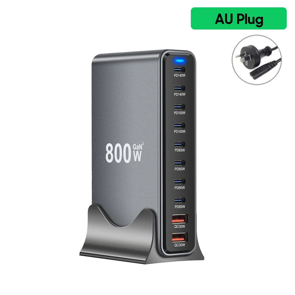 800W Gan Charger USB C Fast Desktop 10-Port USB Type C PD3.1 Charger Fast Charging for Iphone 16 15 14 Samsung S24 Xiaomi Laptop