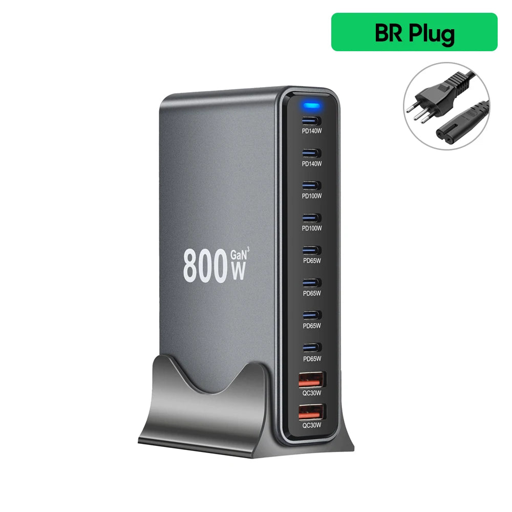 800W Gan Charger USB C Fast Desktop 10-Port USB Type C PD3.1 Charger Fast Charging for Iphone 16 15 14 Samsung S24 Xiaomi Laptop