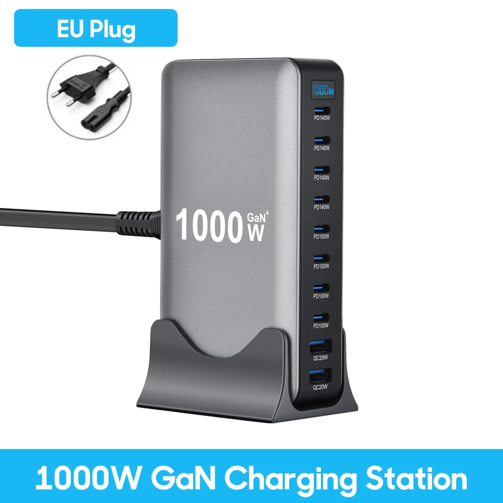 800W Gan Charger USB C Fast Desktop 10-Port USB Type C PD3.1 Charger Fast Charging for Iphone 16 15 14 Samsung S24 Xiaomi Laptop