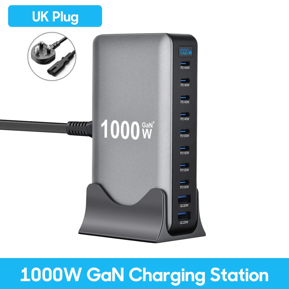 800W Gan Charger USB C Fast Desktop 10-Port USB Type C PD3.1 Charger Fast Charging for Iphone 16 15 14 Samsung S24 Xiaomi Laptop