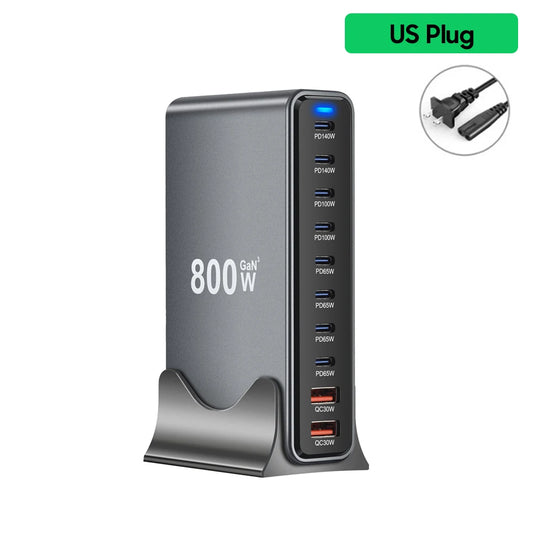 800W Gan Charger USB C Fast Desktop 10-Port USB Type C PD3.1 Charger Fast Charging for Iphone 16 15 14 Samsung S24 Xiaomi Laptop