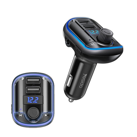 Yesido Y44 Bluetooth FM Transmitter, Car Charger with Dual USB Ports, 20W Fast Charging, MP3 Player with U-Disk/TF Card Support, LED Display, Black